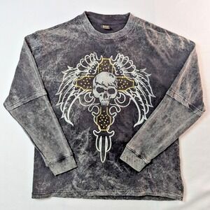 Indigo Thirty Skull Graphic T Shirt Men XL Black Acid Wash Skater Biker Grunge